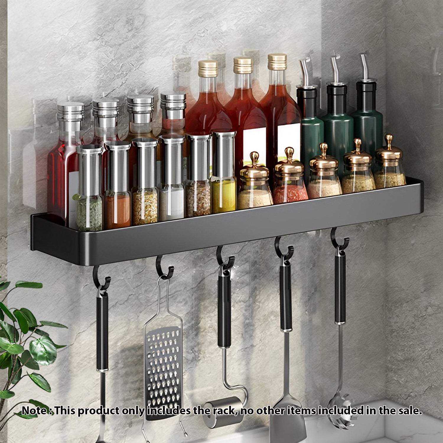 30cm Black Rectangular Spice Storage Rack with Hooks