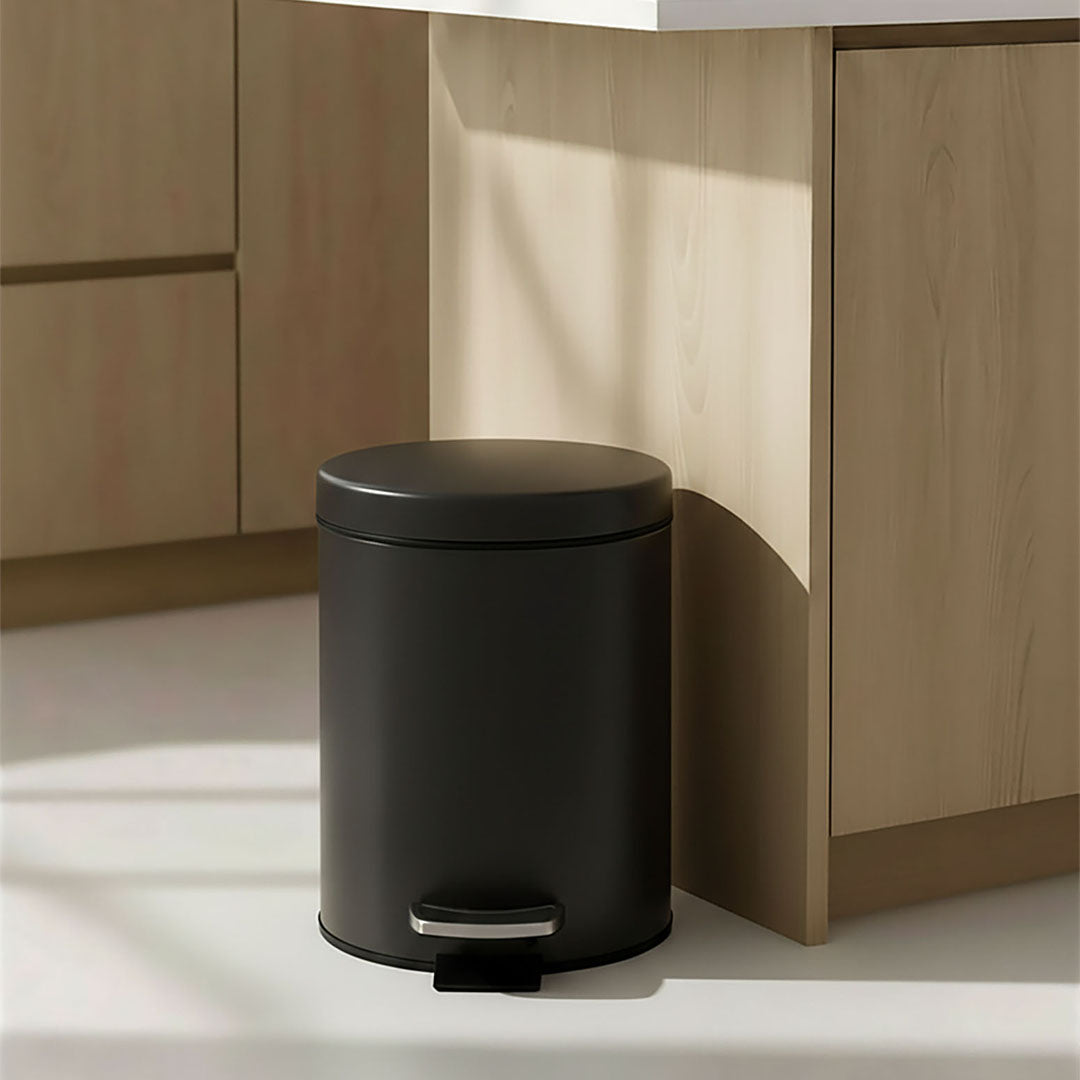 Foot Pedal Stainless Steel Trash Bin Round 12L Black