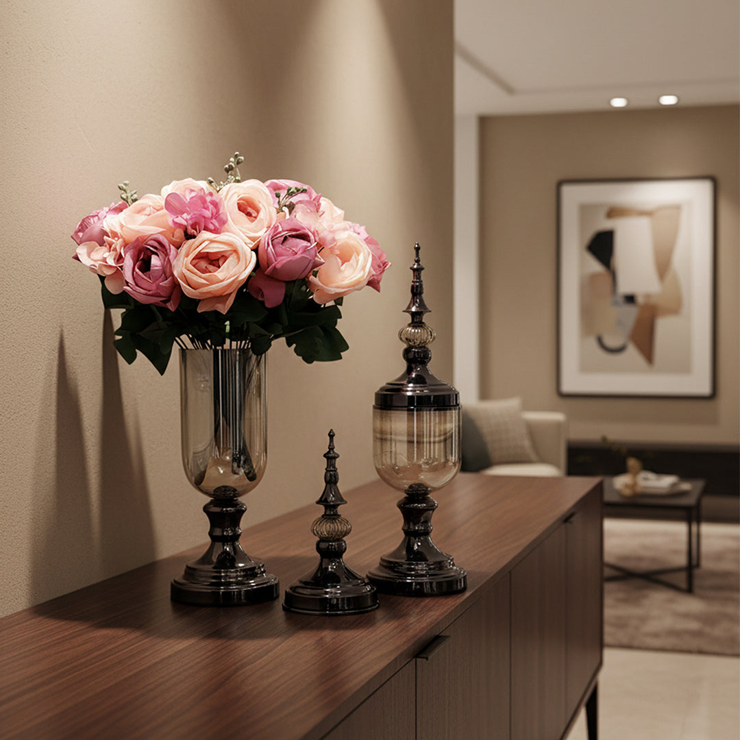 2x Clear Black Glass Vase with Lid and Pink Flower Set