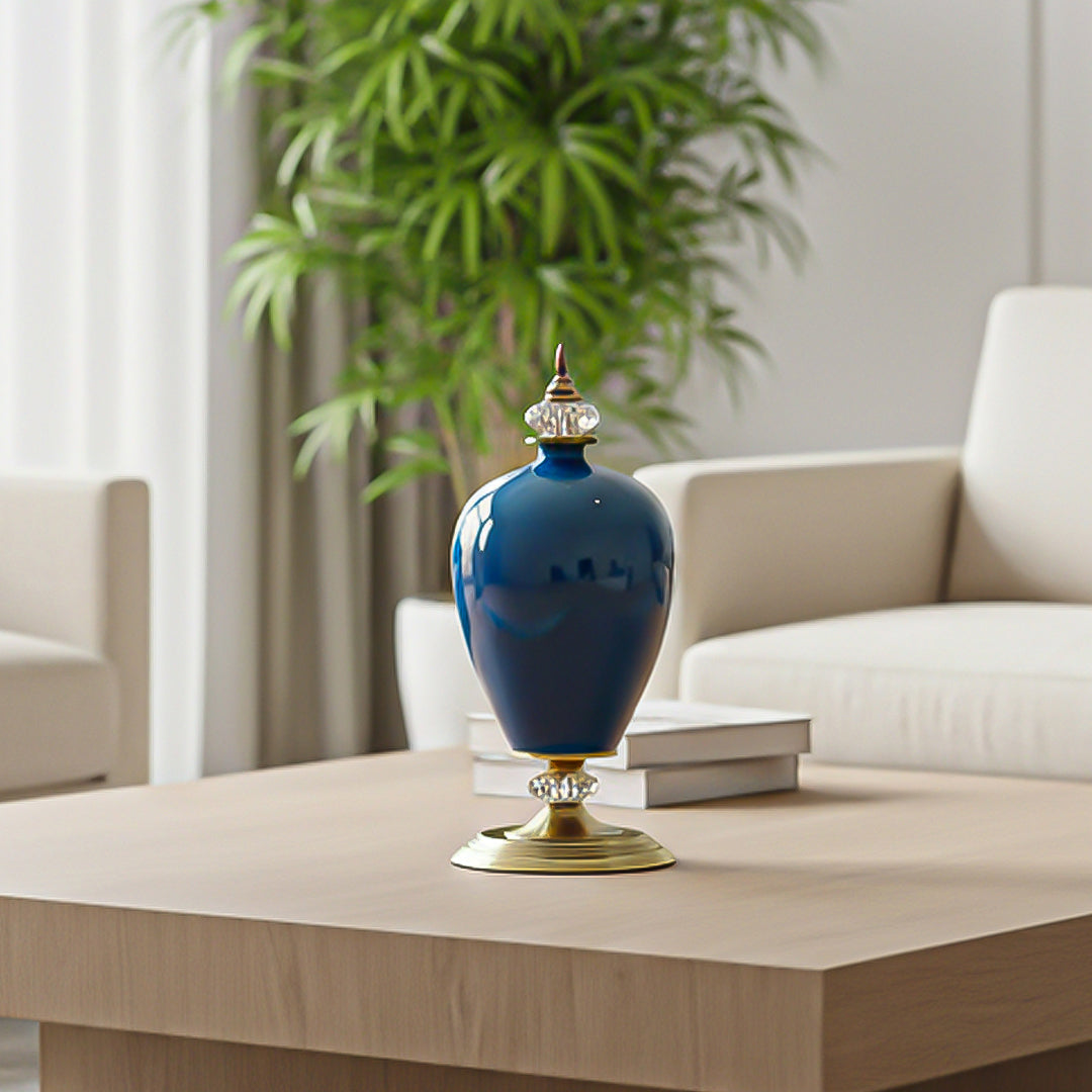 42cm Ceramic Vase with Gold Metal Base Dark Blue