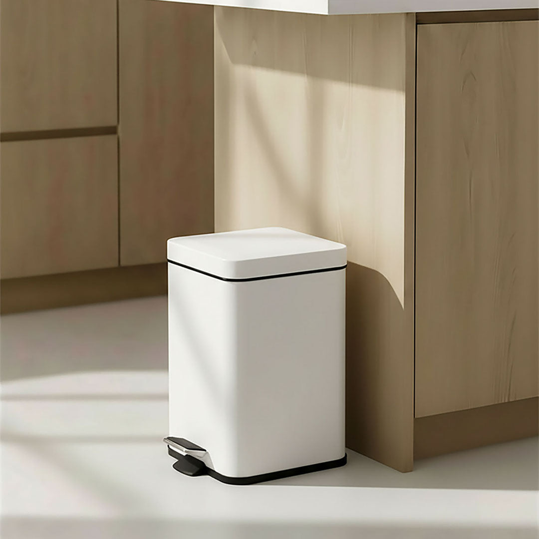 Foot Pedal Stainless Steel Trash Bin Square 12L White