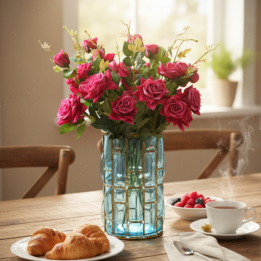 Blue Glass Cylinder Flower Vase with 8 Bunch 5 Heads Artificial Silk Rose Set