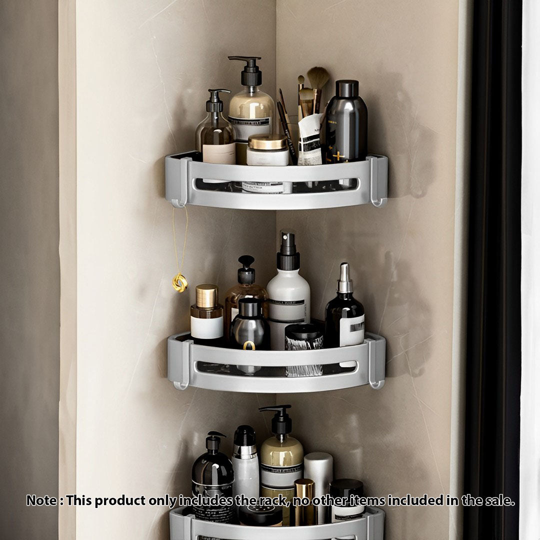 Silver Wall-Mounted Triangular Bathroom Storage Rack with Hooks