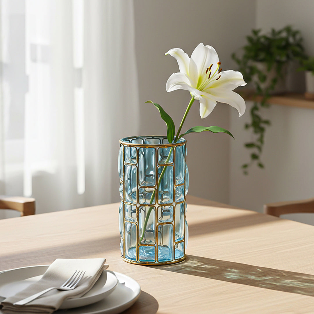 Blue European Glass Flower Vase with Gold Metal Pattern