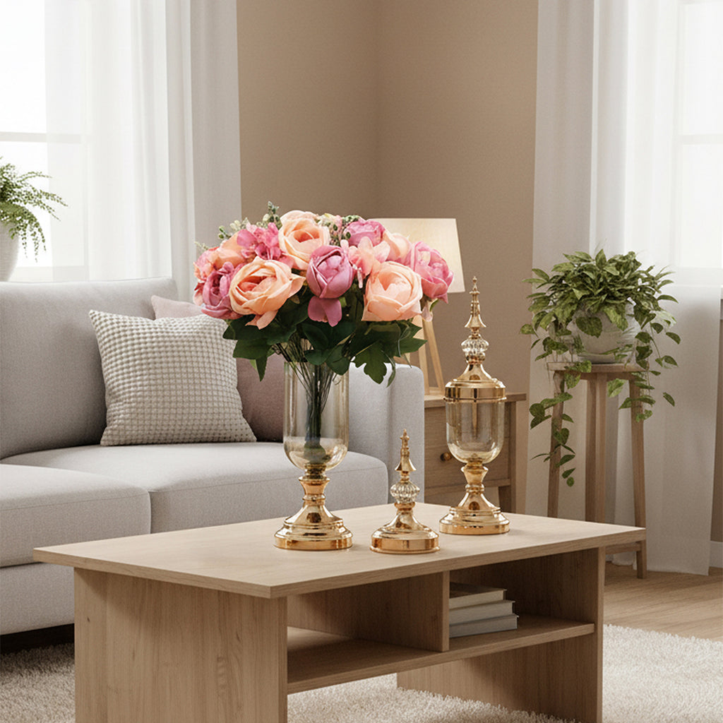 2x Clear Gold Glass Vase with Lid and Pink Flower Set