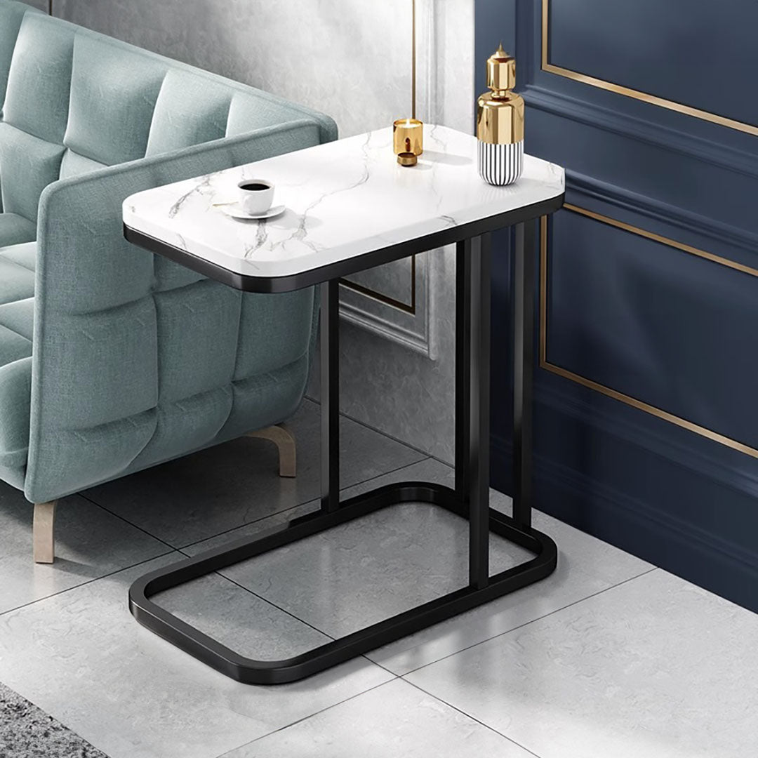 30x50x58cm White Ceramic Sofa Side Square Mini Table w/ Black Metal Legs
