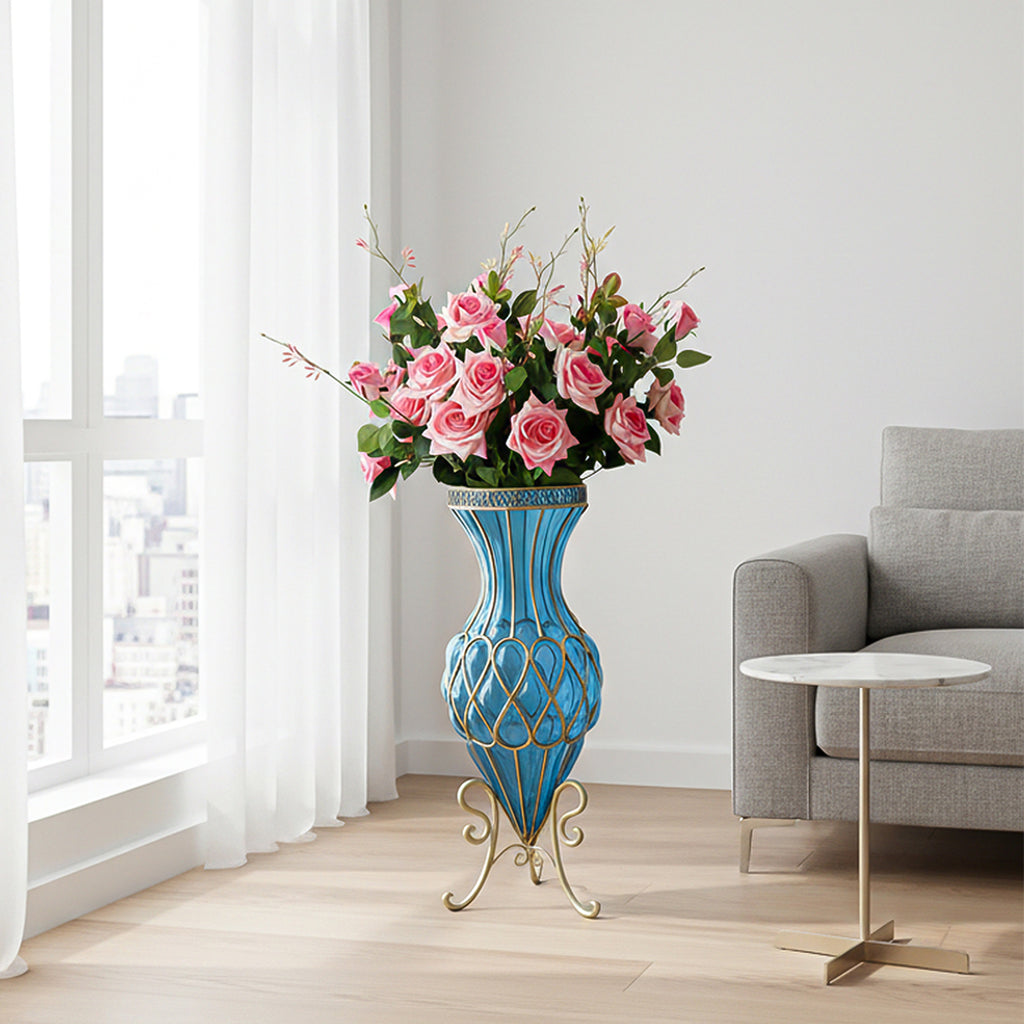 67cm Blue Glass Floor Vase and 12pcs Pink Artificial Flower Set