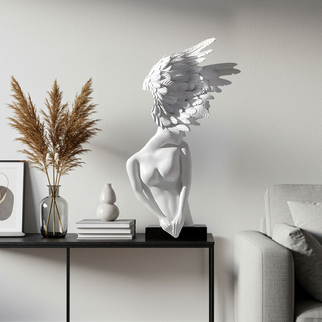 SOGA 86cm White Winged Figure Sculpture with Marble Base