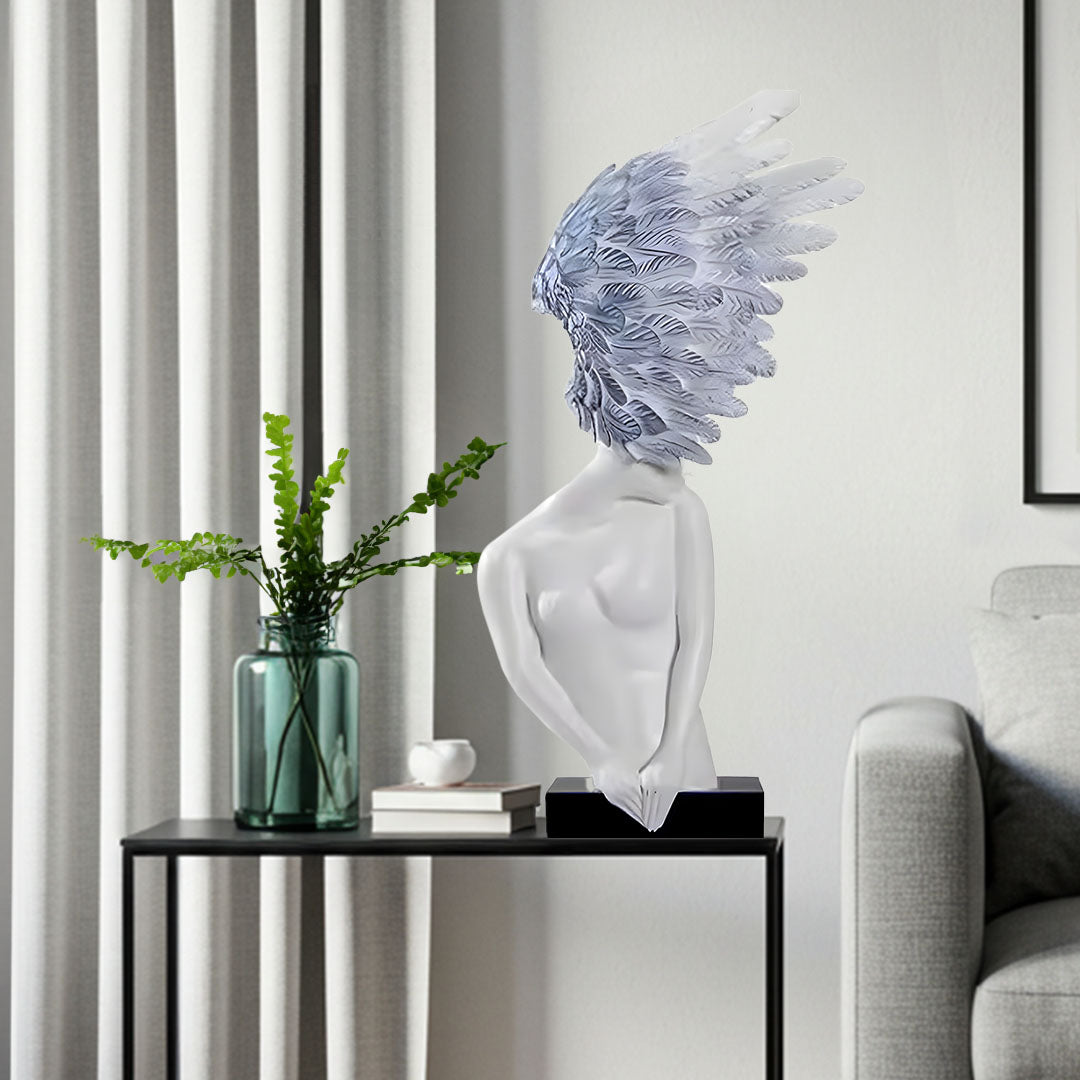 SOGA 86cm White Blue Winged Figure Sculpture with Marble Base