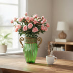Green Glass Flower Vase with 8 Bunch 5 Heads Artificial Silk Rose Set