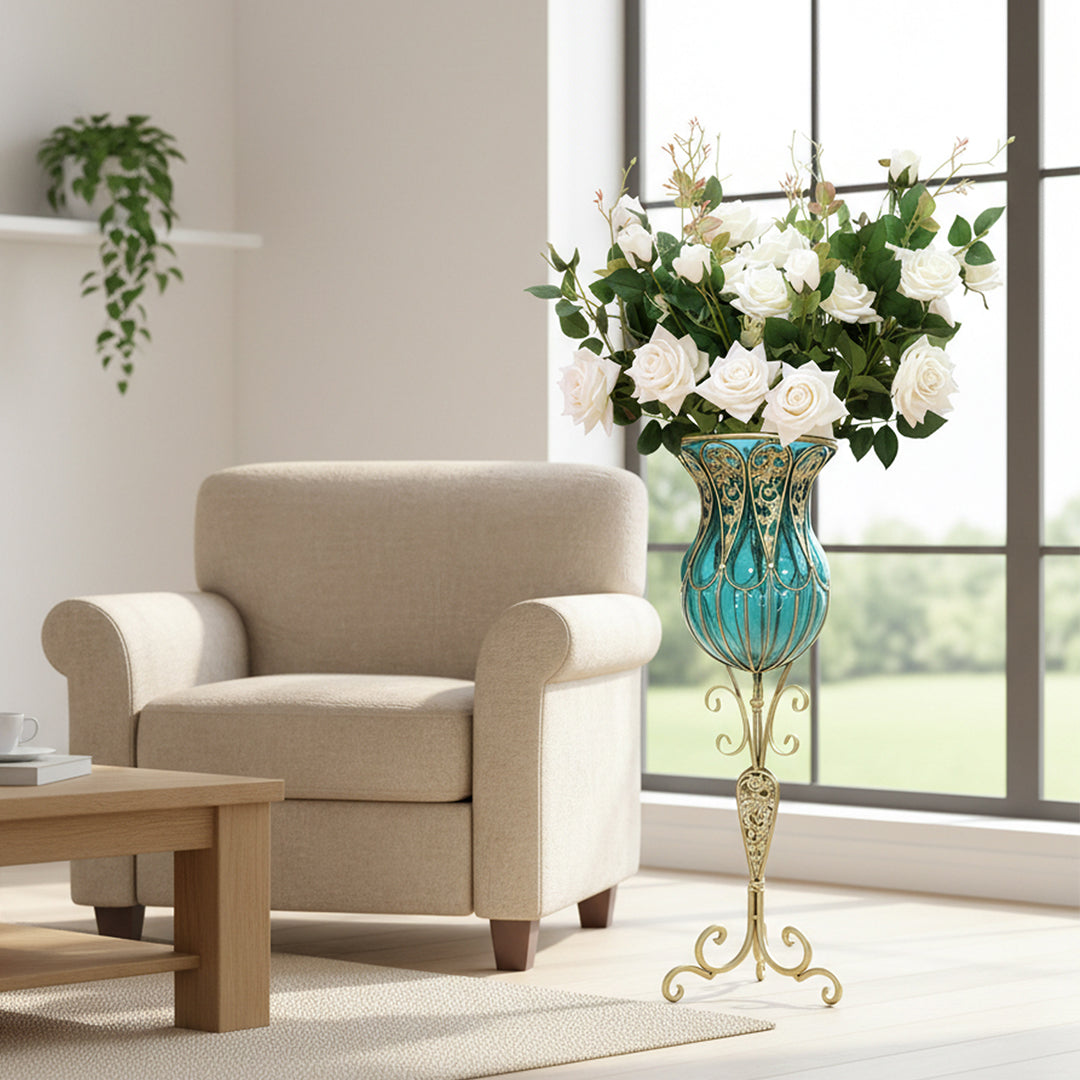 85cm Blue Glass Floor Vase and 12pcs White Artificial Flower Set