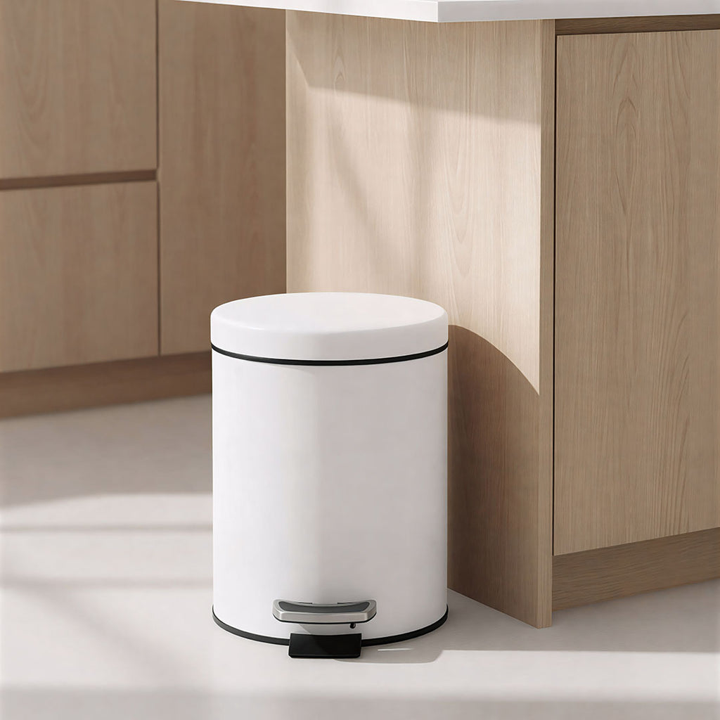 Foot Pedal Stainless Steel Trash Bin Round 12L White