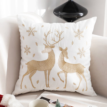 45cm Throw Pillow White with Golden Christmas Reindeer Festive