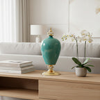 42cm Ceramic Vase with Gold Metal Base Green