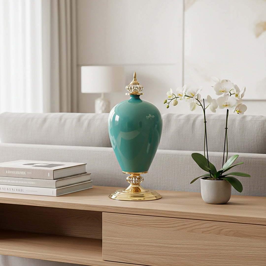 42cm Ceramic Vase with Gold Metal Base Green