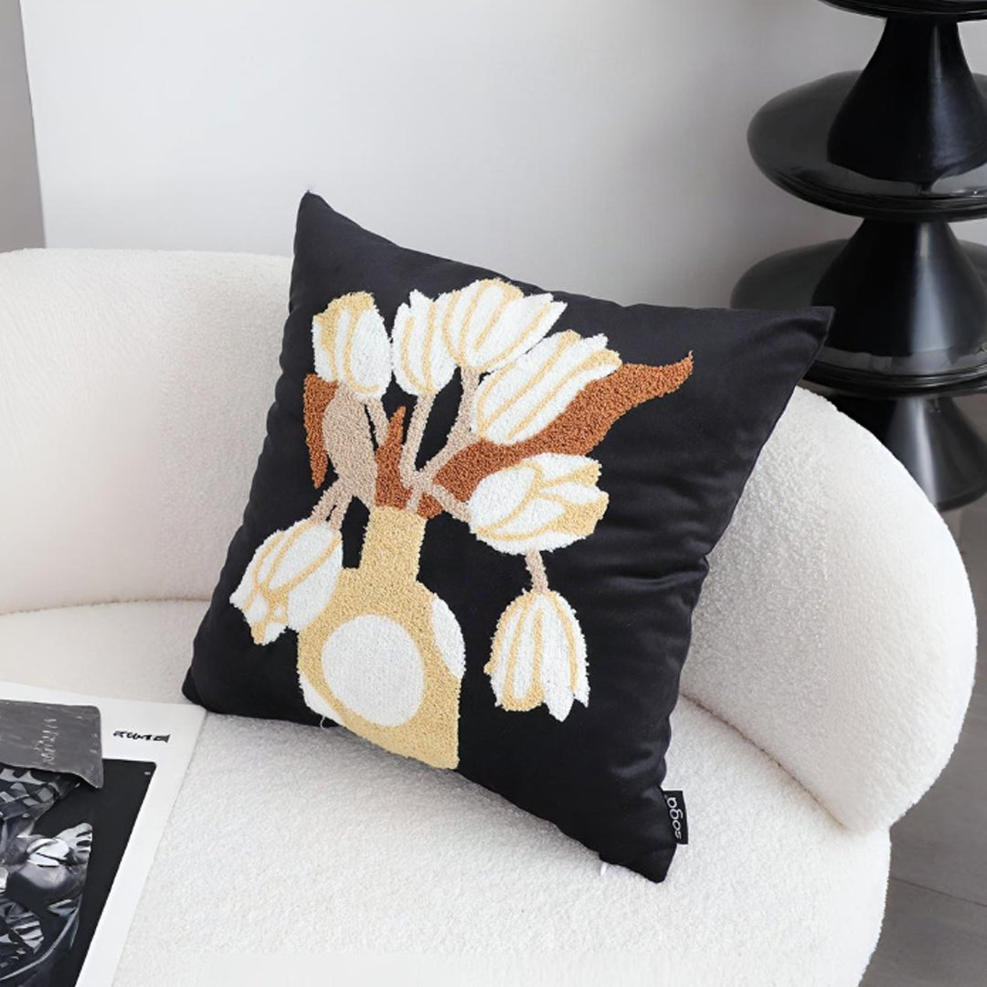 SOGA 45cm Black White Gold Floral Vase Embroidered Throw Pillow