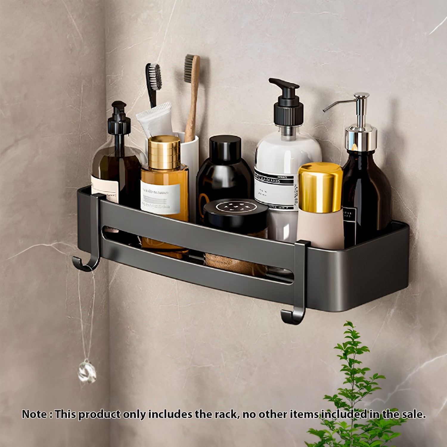 Black Wall-Mounted Rectangular Bathroom Storage Shelf Rack with Hooks