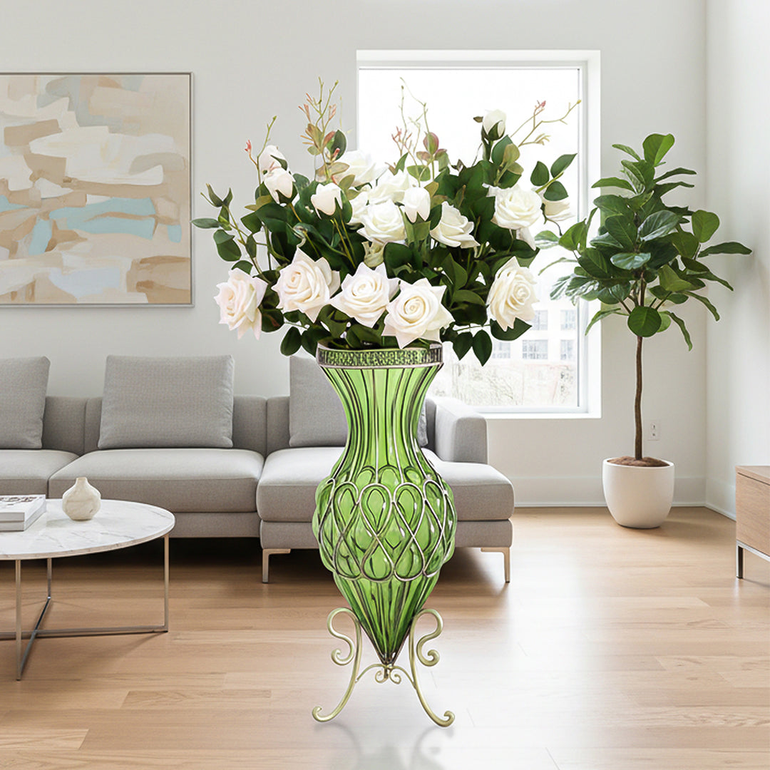 67cm Green Glass Floor Vase and 12pcs White Artificial Flower Set