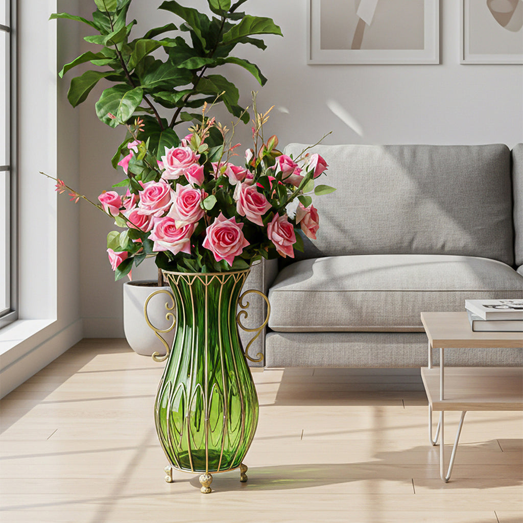 51cm Green Glass Floor Vase with 12pcs Pink Artificial Flower Set