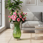 51cm Green Glass Floor Vase with 12pcs Pink Artificial Flower Set