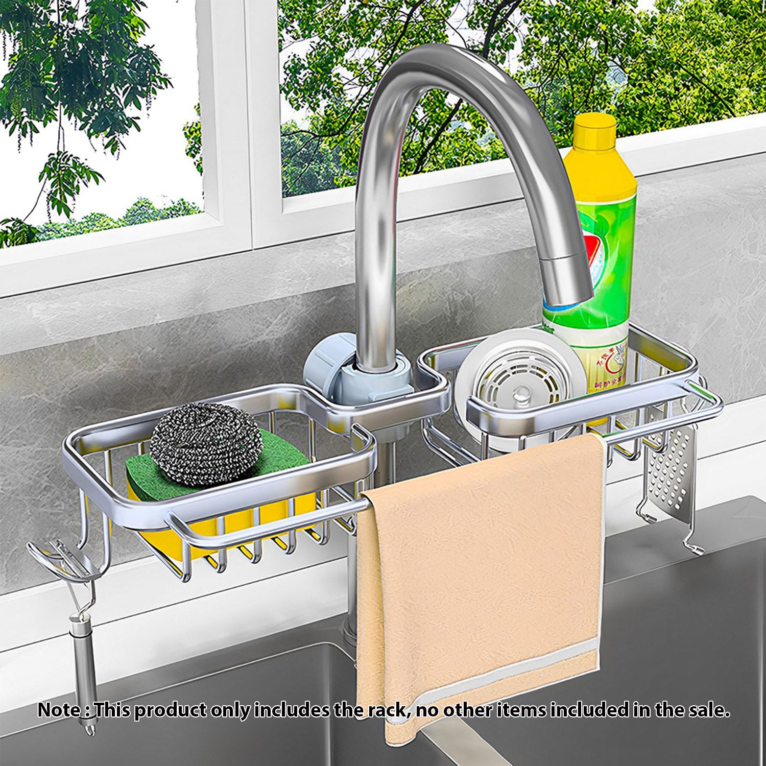 Silver Kitchen Sink Faucet Organiser with Towel Bar Holder
