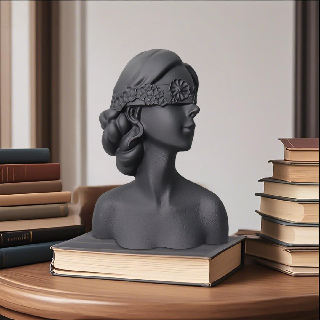 SOGA 36cm Black Resin Sculpture Blindfold Lady Bust Design for Home Décor