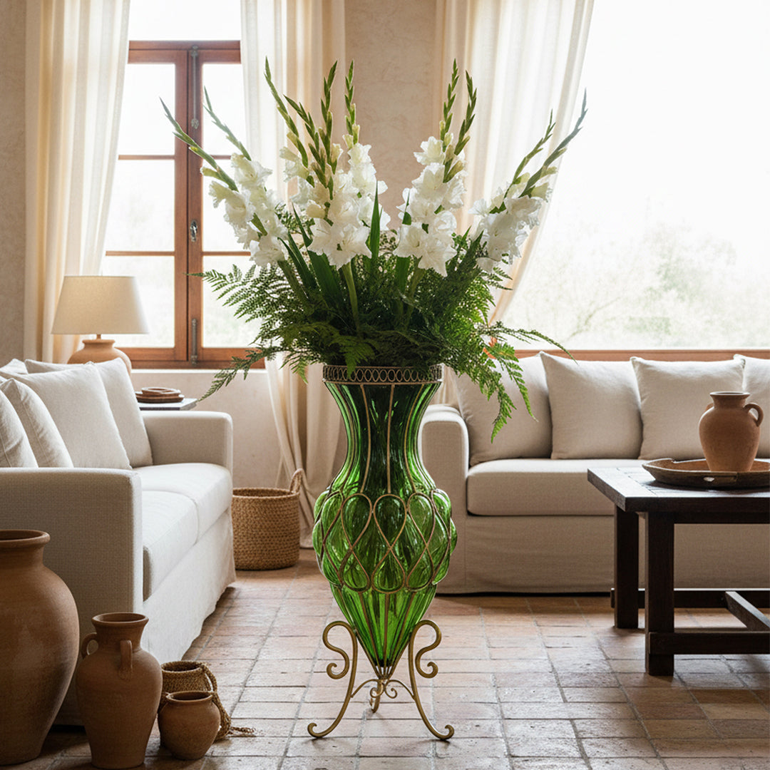 67cm Green Glass Floor Vase with Metal Stand