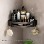 Black Wall-Mounted Triangular Bathroom Storage Rack with Hooks