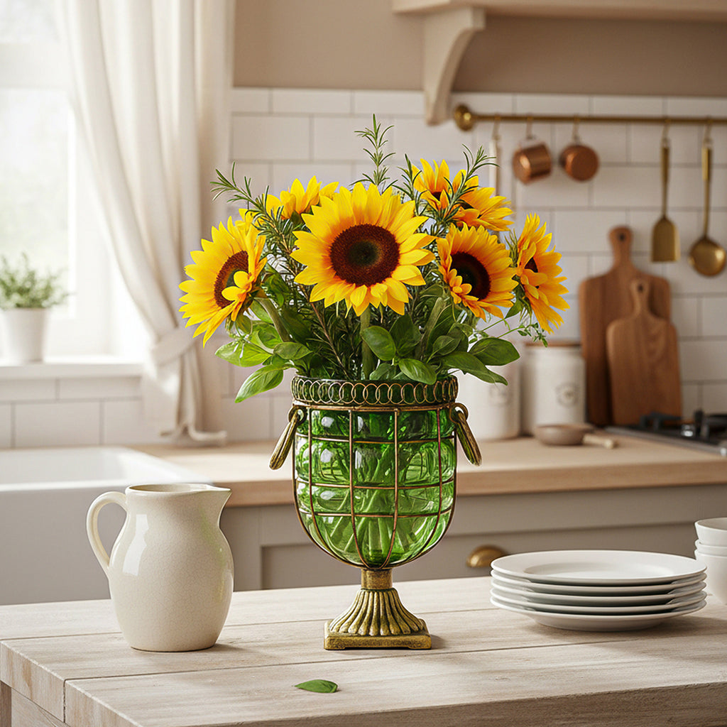 Green European GlassFlower Vase with Metal Handle