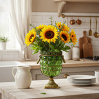 Green European GlassFlower Vase with Metal Handle
