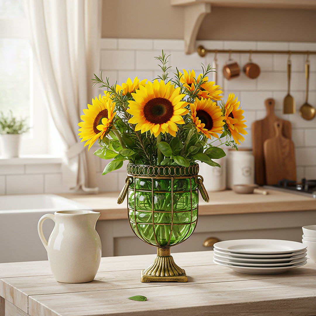 Green European GlassFlower Vase with Metal Handle