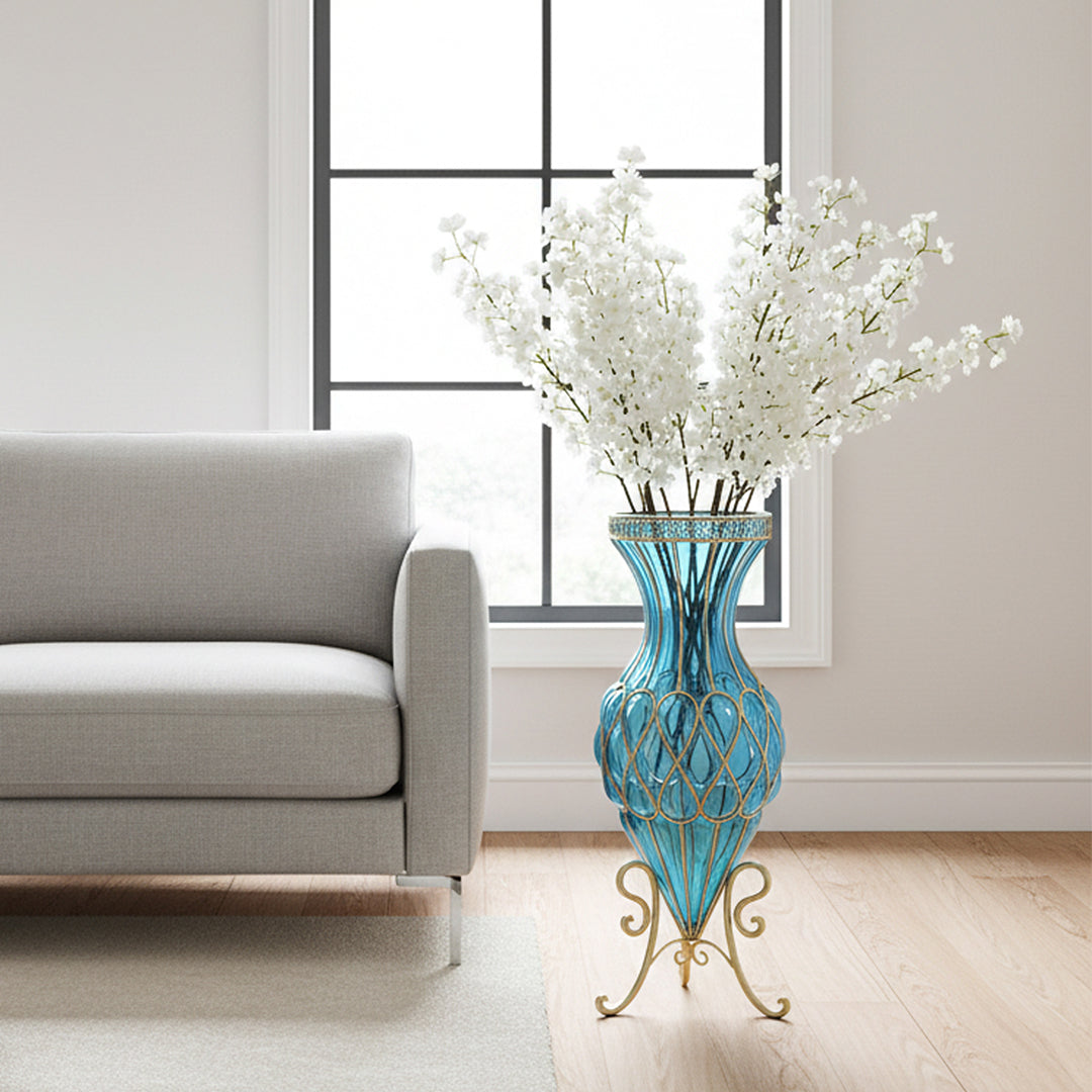 67cm Blue Glass Floor Vase with 10pcs White Artificial Flower Set