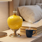 38cm Ceramic Vase with Gold Metal Base Yellow
