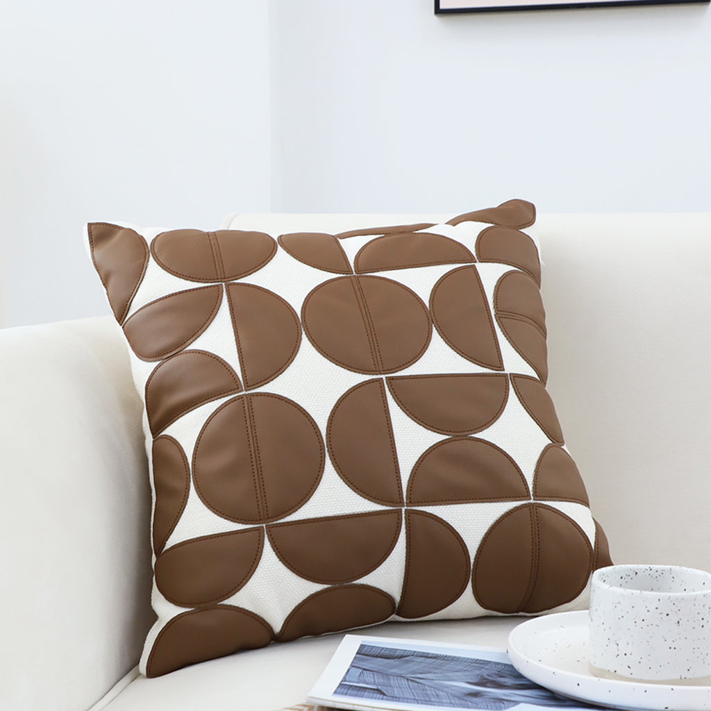 SOGA 45cm Brown Leather Square Pillow Half Moon Patchwork Design