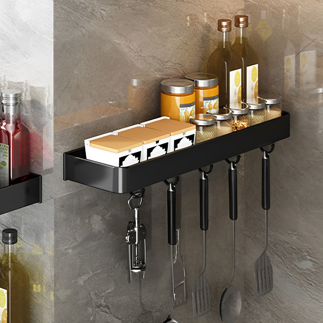 50cm Black Rectangular Kitchen Spice Rack with Hooks