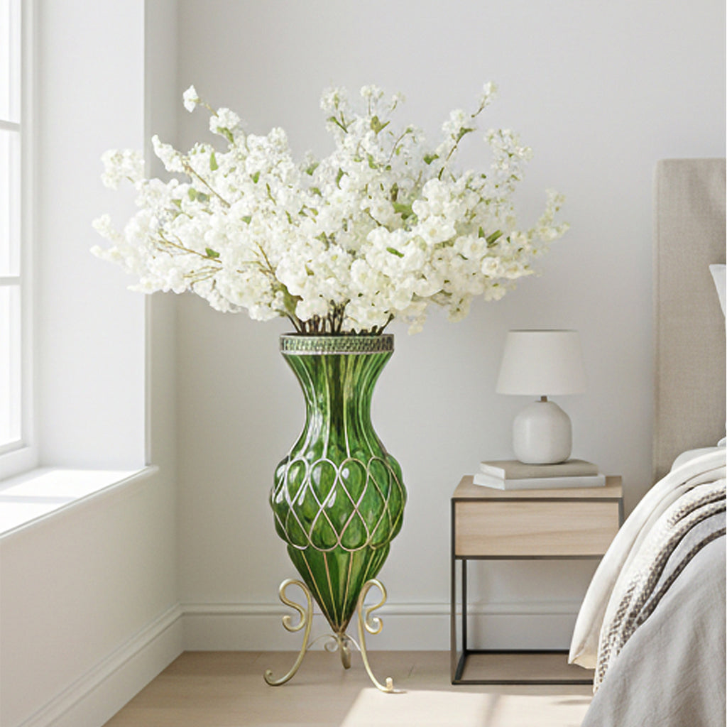 67cm Green Glass Floor Vase with 10pcs White Artificial Flower Set