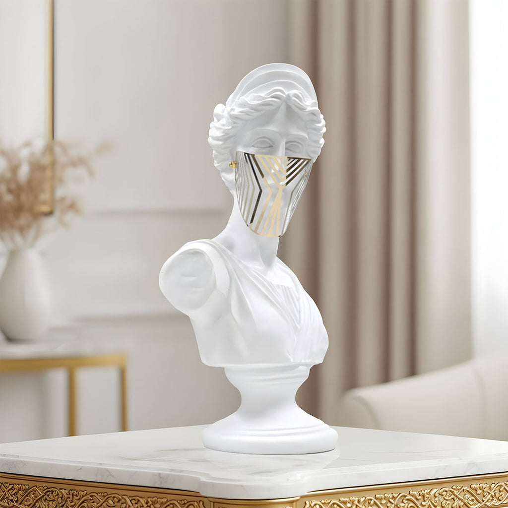 SOGA 40cm White Classical Bust Sculpture Resin with Gold Striped Mask for Modern Home Décor
