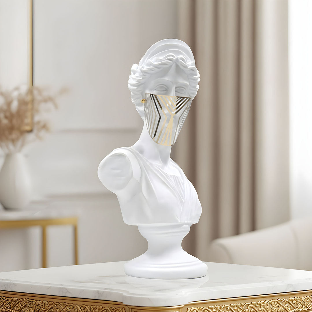 SOGA 40cm White Classical Bust Sculpture Resin with Gold Striped Mask for Modern Home Décor