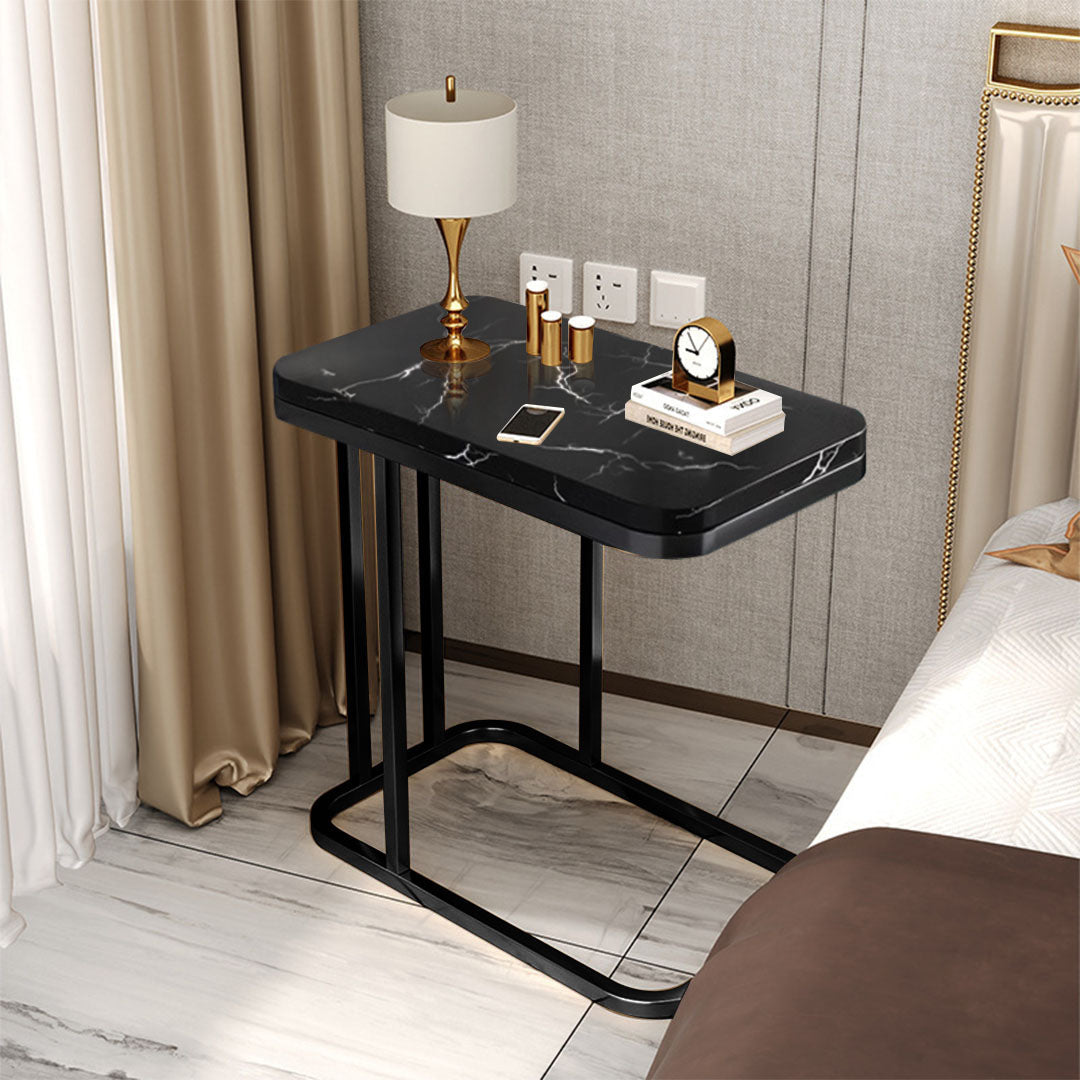 30x50cm Black Stone-Patterned Side Square Mini Table w/ Black Metal Legs