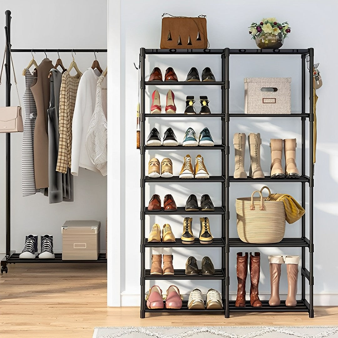 16-Shelf Tier Shoe Storage with Side Hooks Black