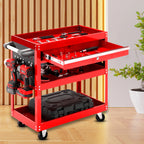 3 Tier Tool Storage Cart with Drawer and Hooks Red