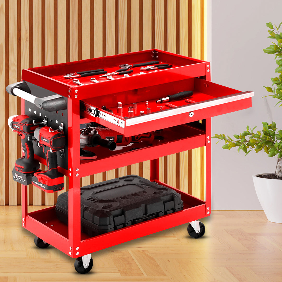 3 Tier Tool Storage Cart with Drawer and Hooks Red