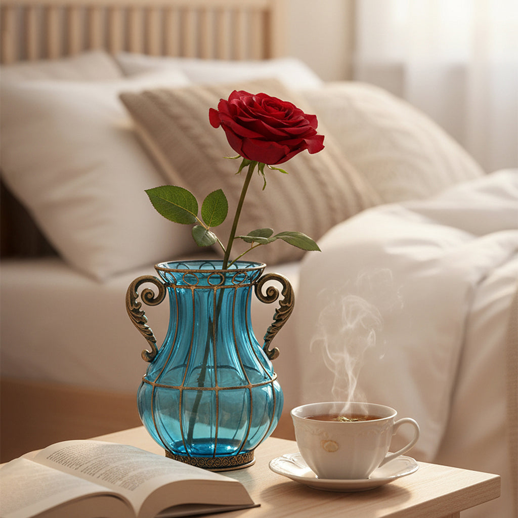Blue European Glass Flower Vase with Two Metal Handle