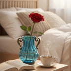 Blue European Glass Flower Vase with Two Metal Handle