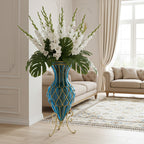 67cm Blue Glass Floor Vase with Metal Stand