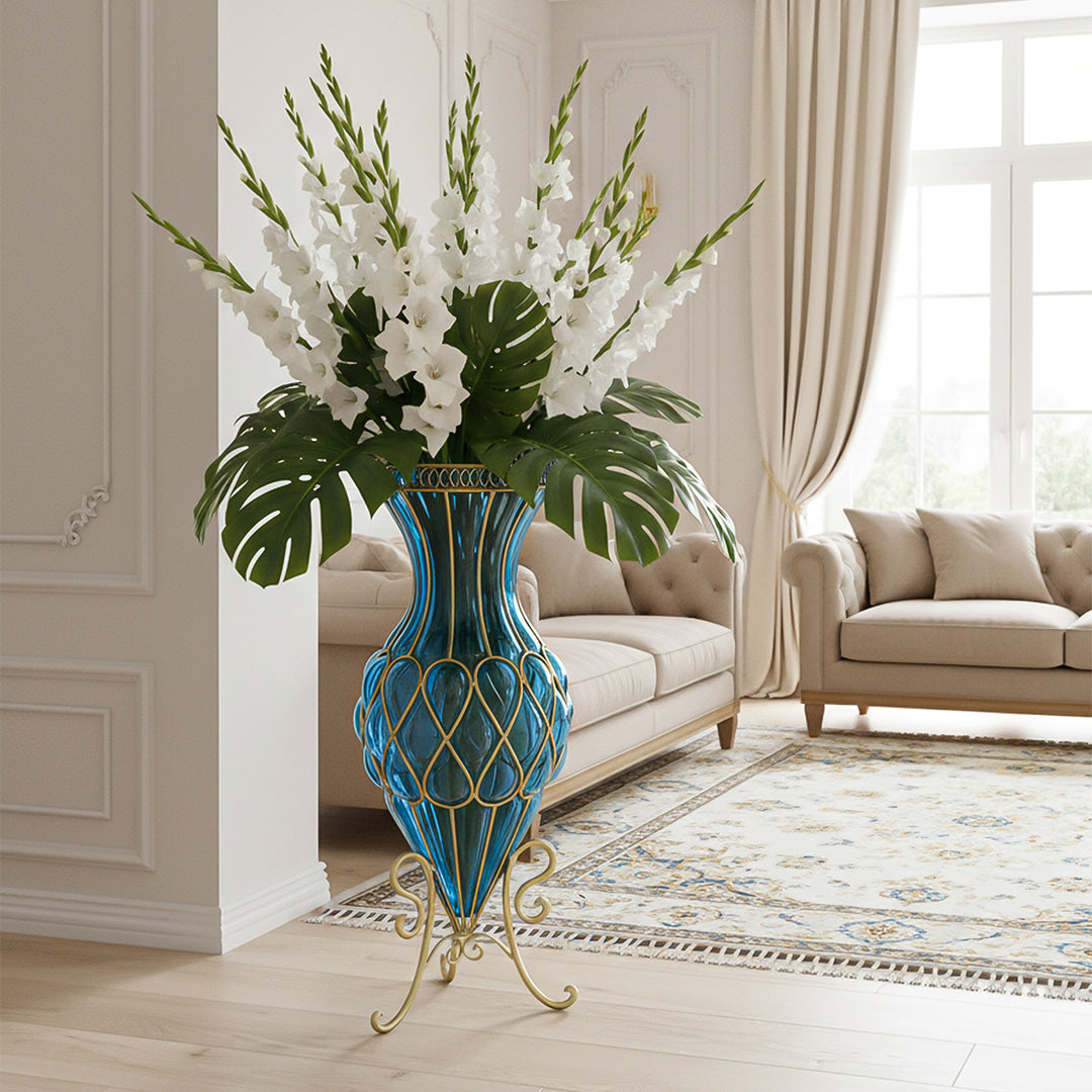 67cm Blue Glass Floor Vase with Metal Stand
