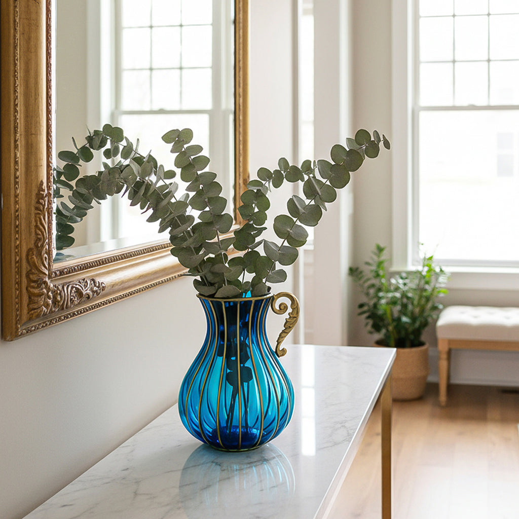 Blue European Glass Flower Vase with Metal Handle