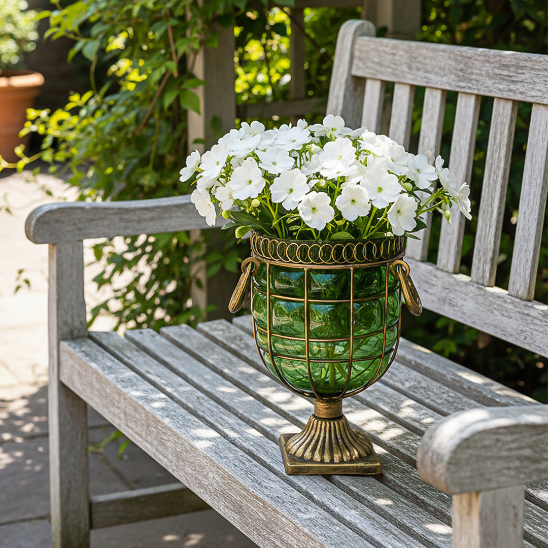 Green European GlassFlower Vase with Metal Handle