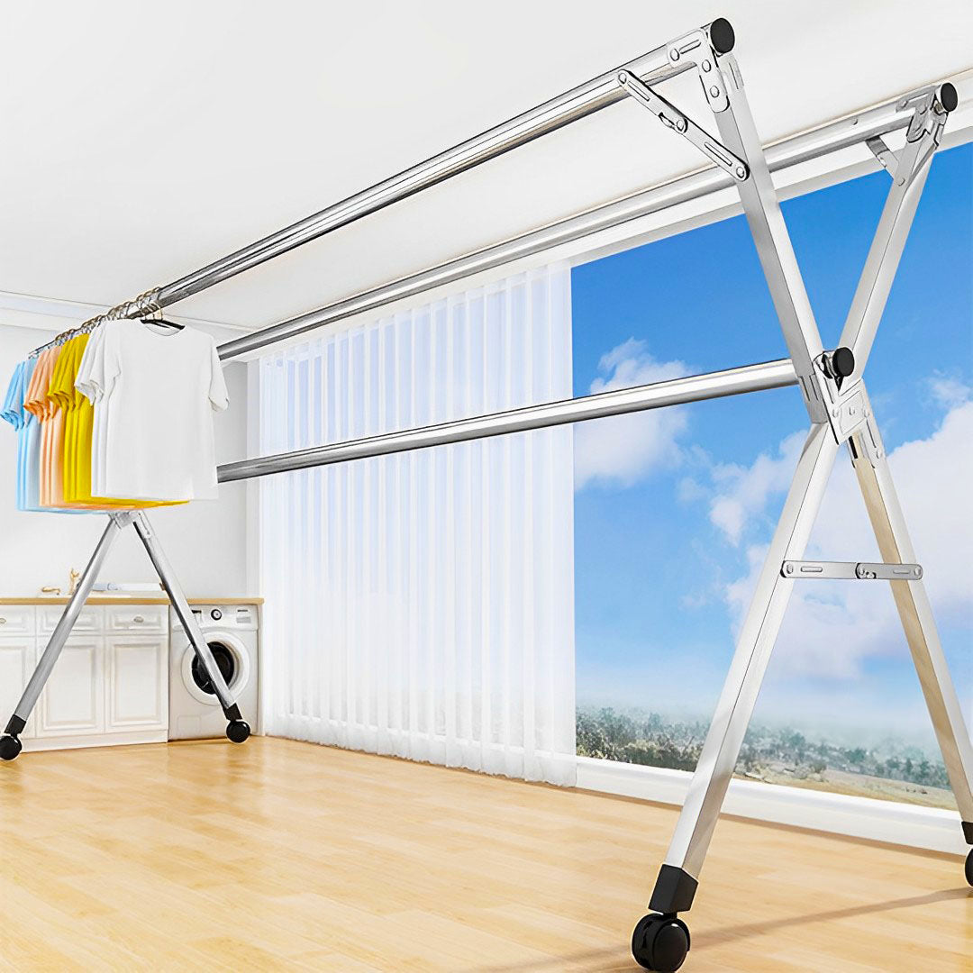 2.4m Portable Standing Clothes Drying Rack with Wheels