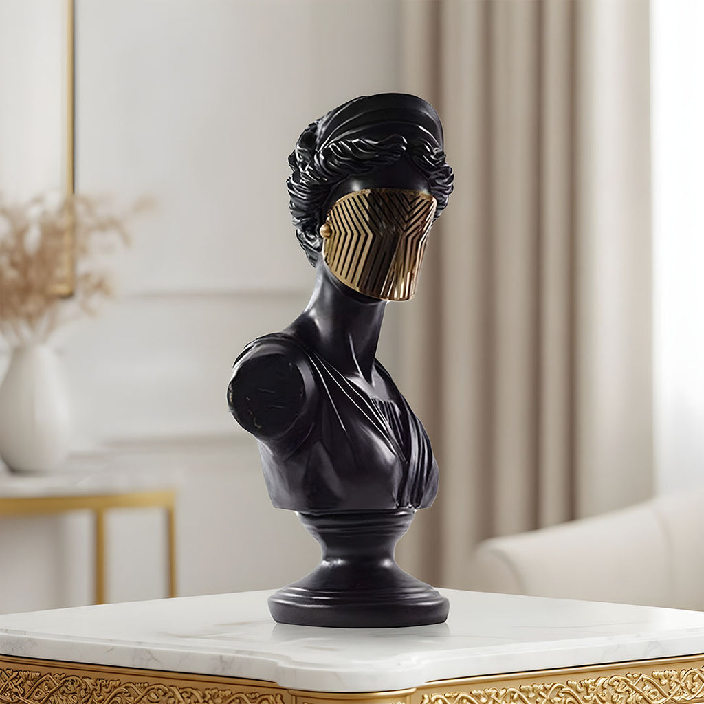 SOGA 40cm Black Classical Bust Sculpture Resin with Gold Striped Mask for Modern Home Décor